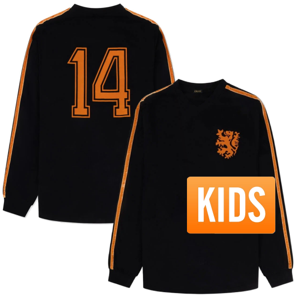 Cruyff - Holland Retro Shirt WK 1974 + Nummer 14 - Kinderen (Lange Mouwen) - Zwart